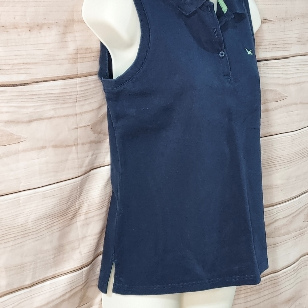Eddie Bauer polo sleeveless top stretch navy blue lime green trim S Petite - Picture 2 of 8